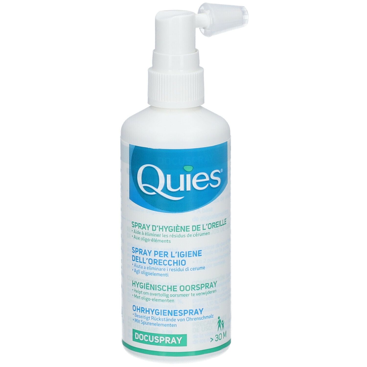 Witte spray met sproeikop. Opschrift: Quies, Hygiënische oorspray, Docuspray.
