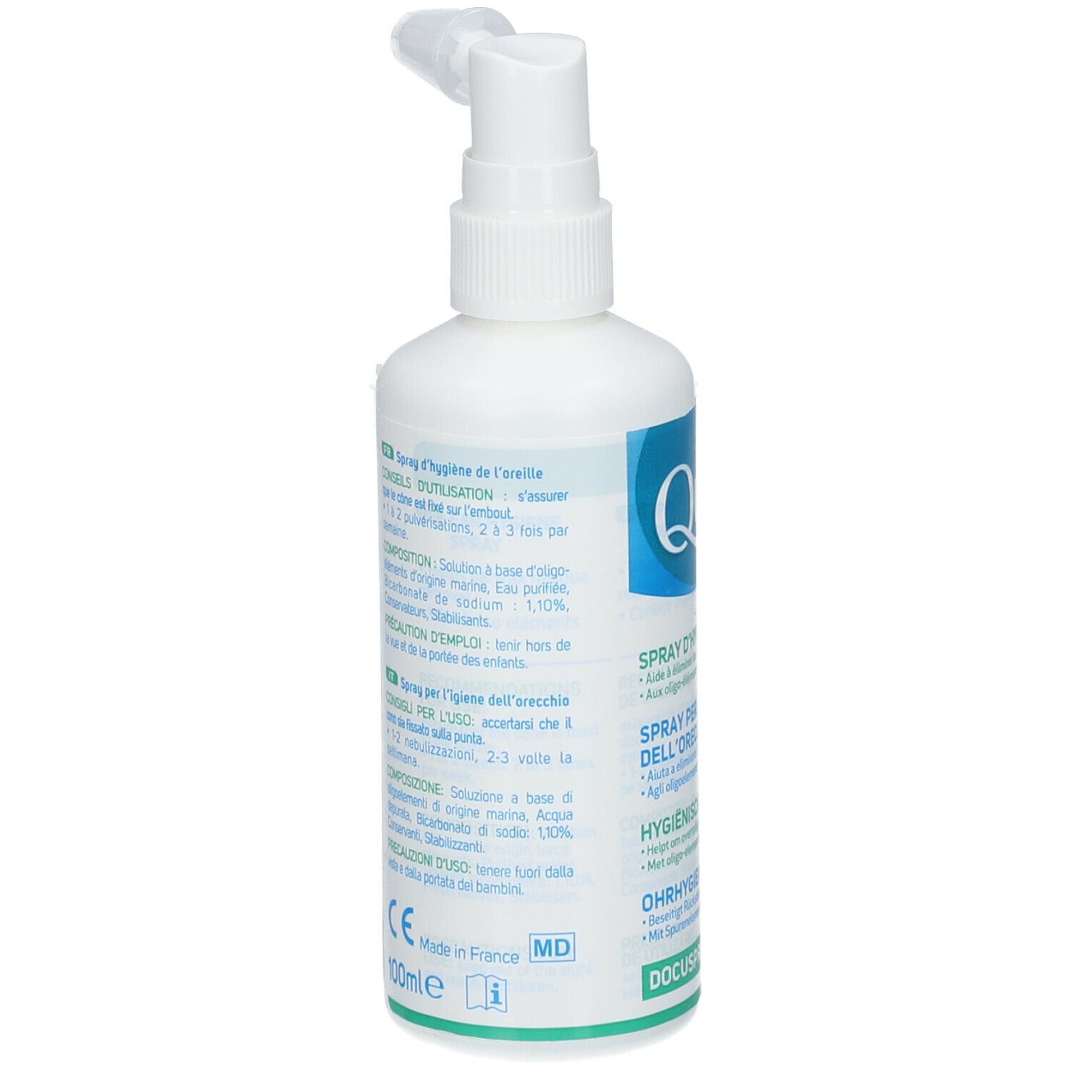 Achterkant van een witte sprayfles. Meertalige tekst. Opschrift: Quies, Docuspray, 100ml.