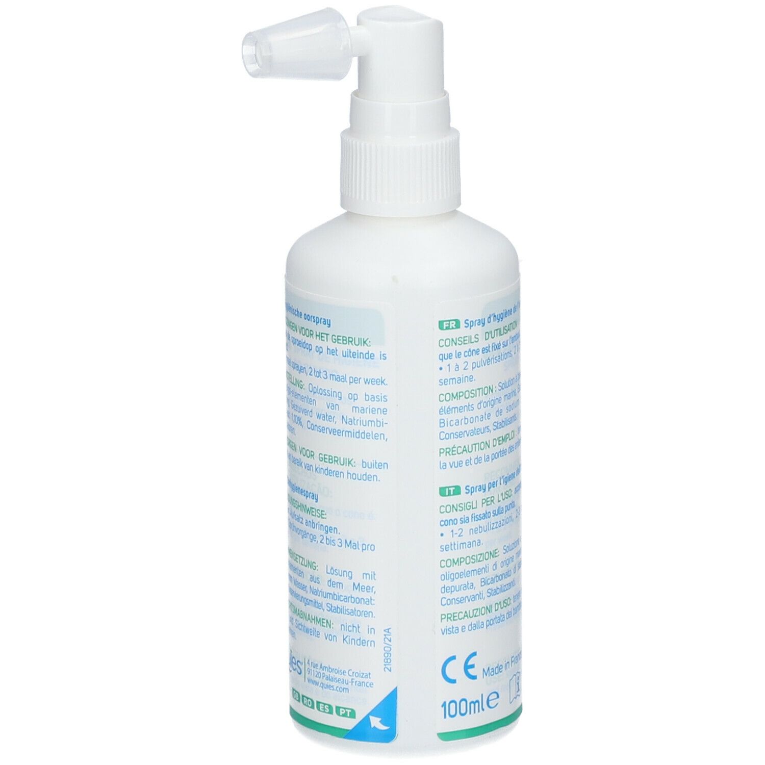 Achterkant van een witte sprayfles. Meertalige tekst. Opschrift: Quies, Docuspray, 100ml.