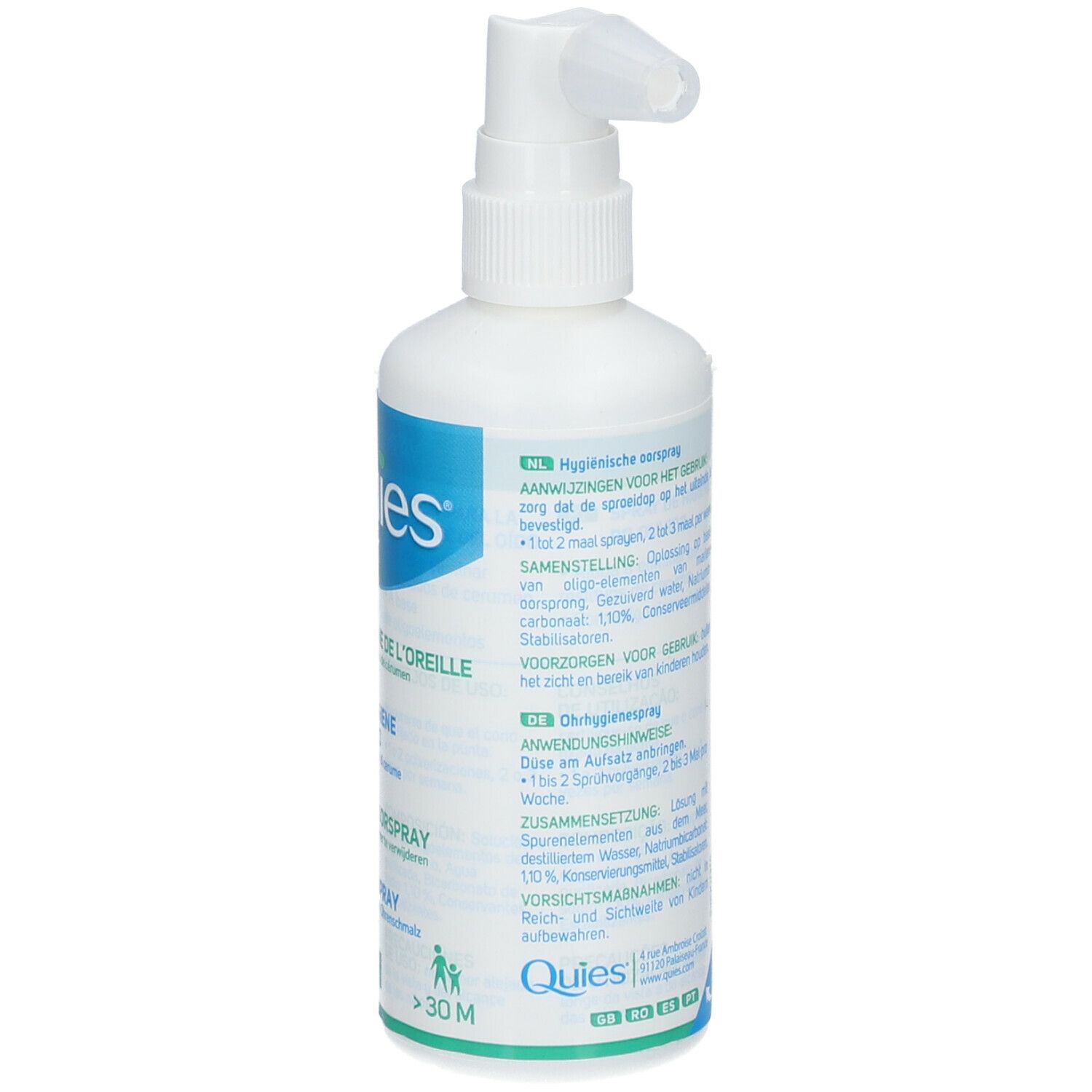Achterkant van een witte sprayfles. Meertalige tekst. Opschrift: Quies, Docuspray, 100ml.