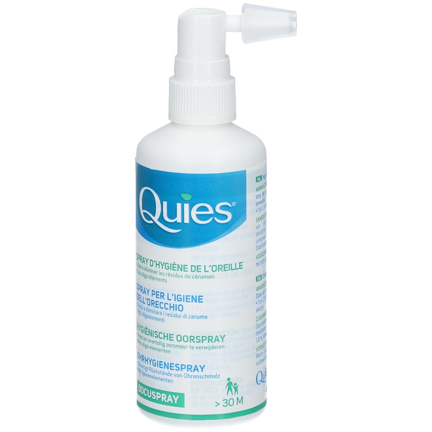 Witte spray met sproeikop. Opschrift: Quies, Hygiënische oorspray, Docuspray.