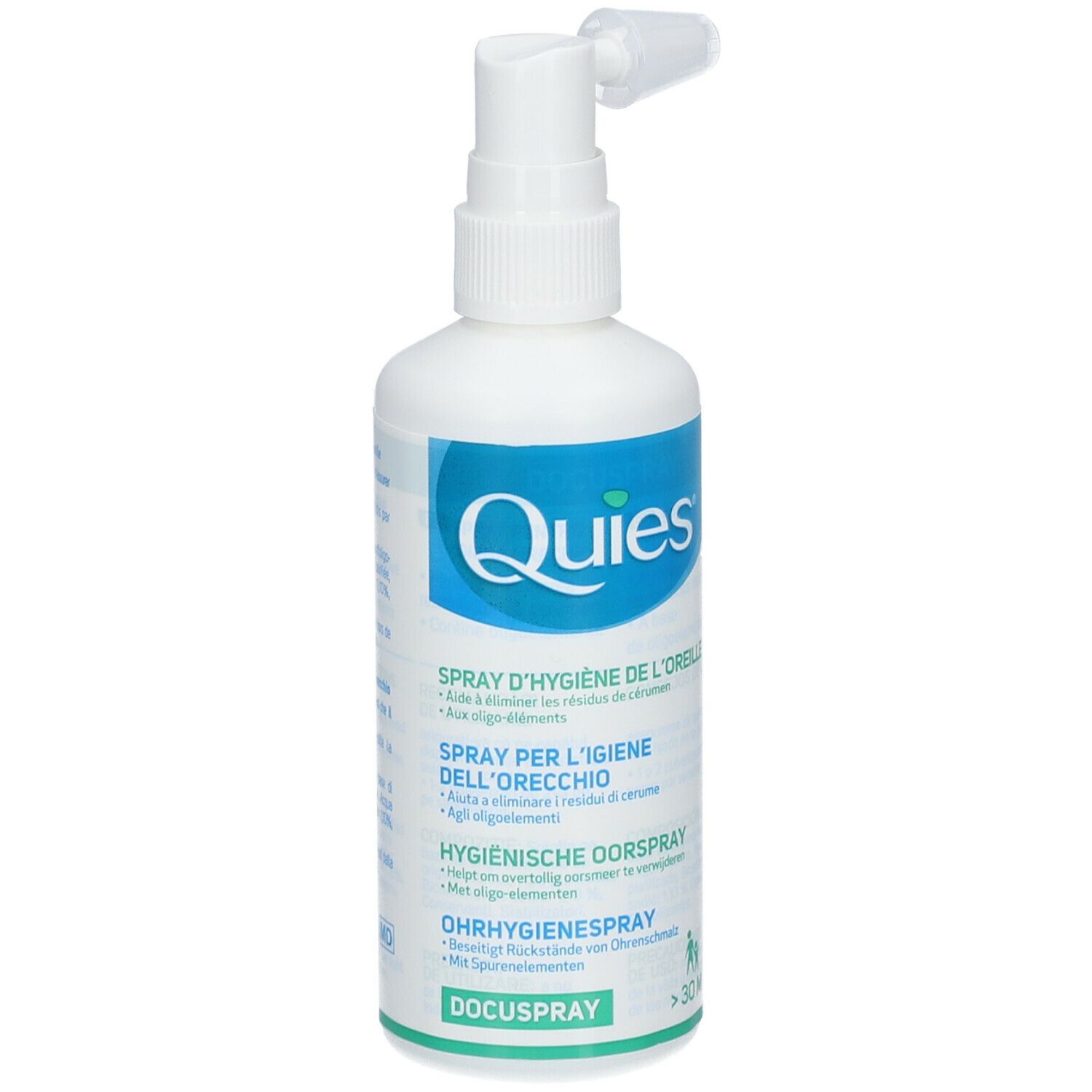 Witte spray met sproeikop. Opschrift: Quies, Hygiënische oorspray, Docuspray.