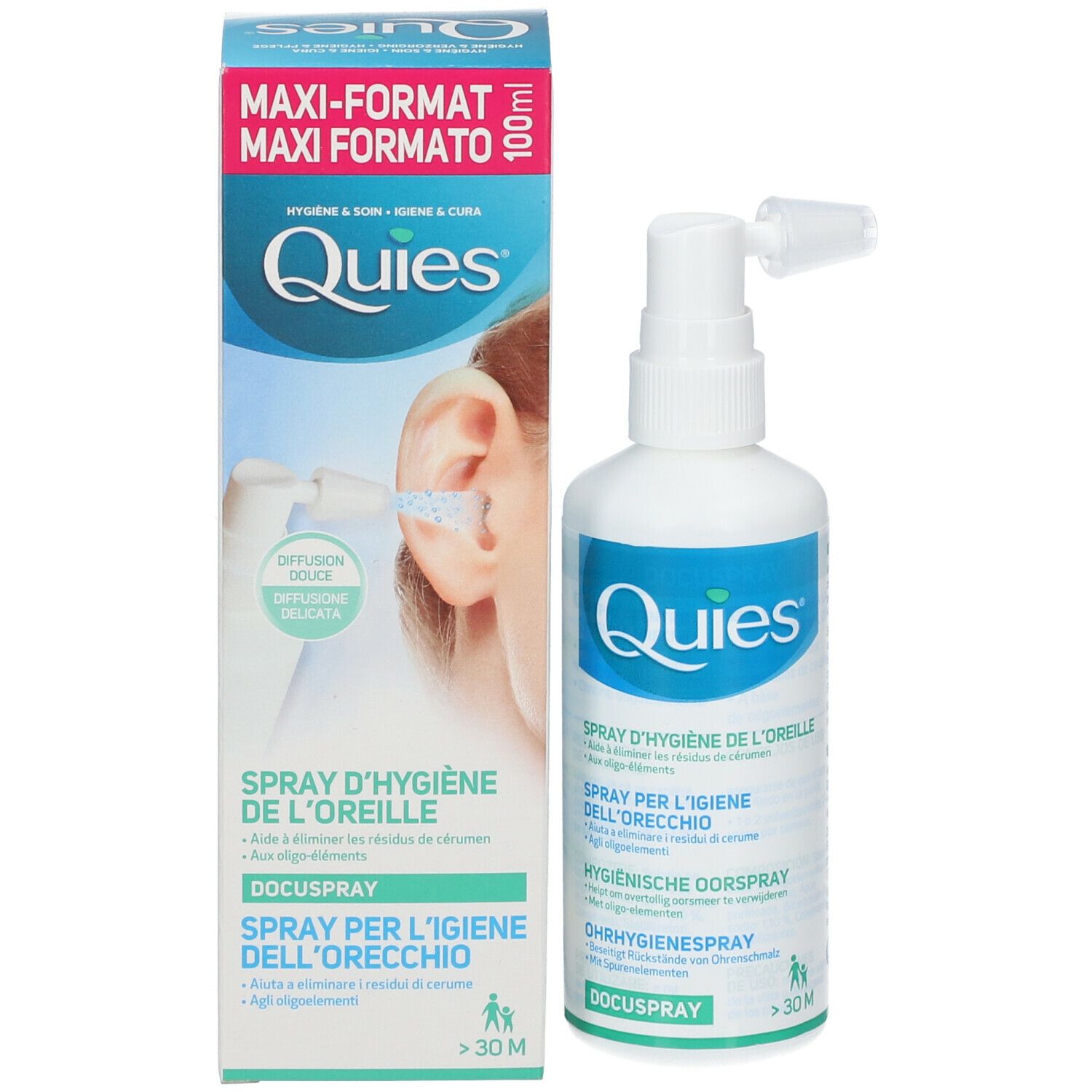 Product en verpakking. Witte sprayfles en doos. Opschrift: Quies, Docuspray, 100ml.