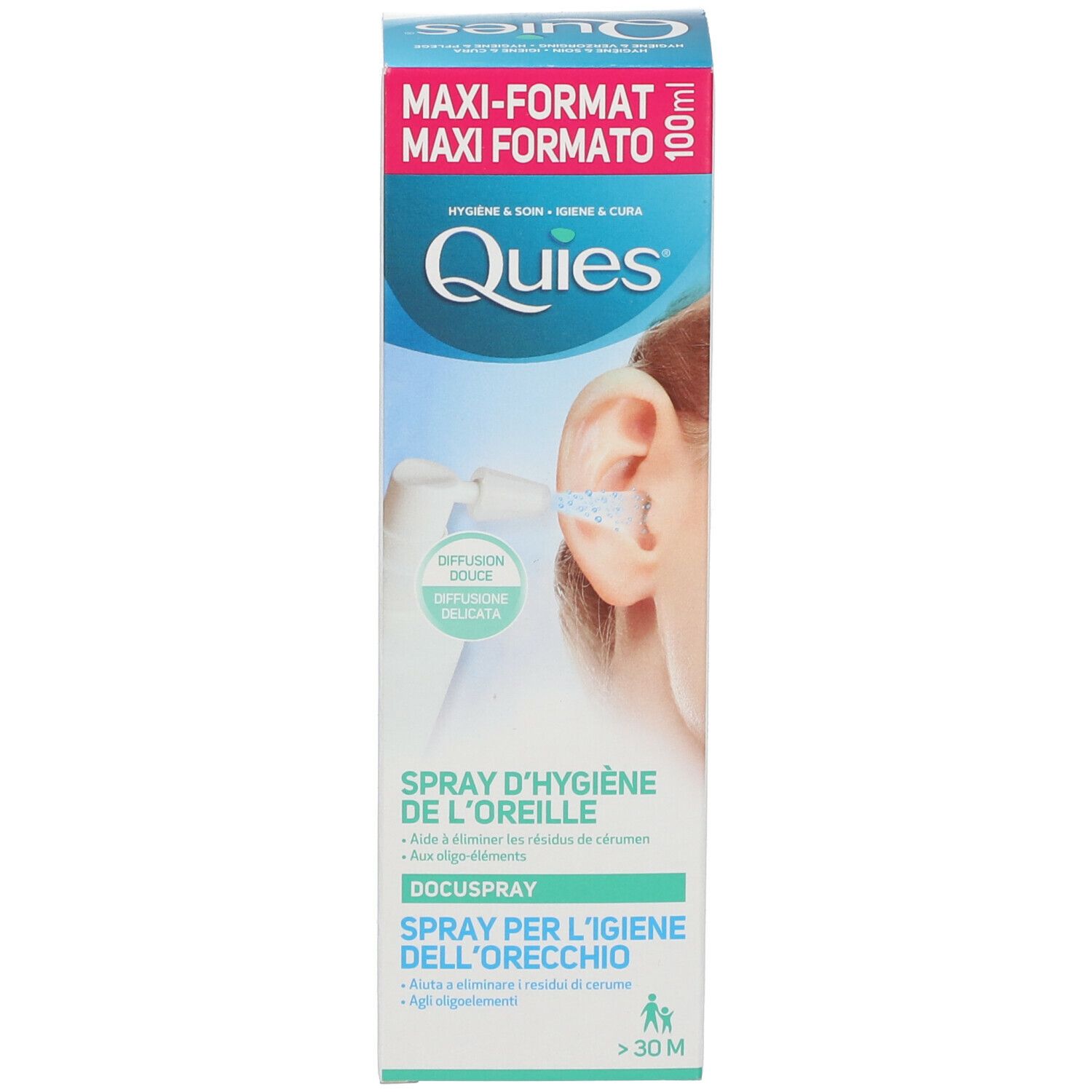 Product en verpakking. Doos met productafbeelding. Opschrift: Quies, Docuspray, 100ml.