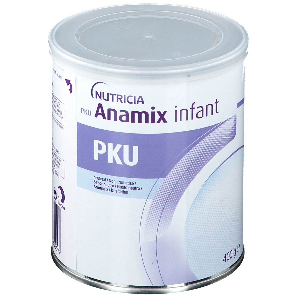 Blik Milupa PKU Anamix infant. Wit, met deksel. Opschrift: Nutricia, PKU, Anamix infant, 400g.