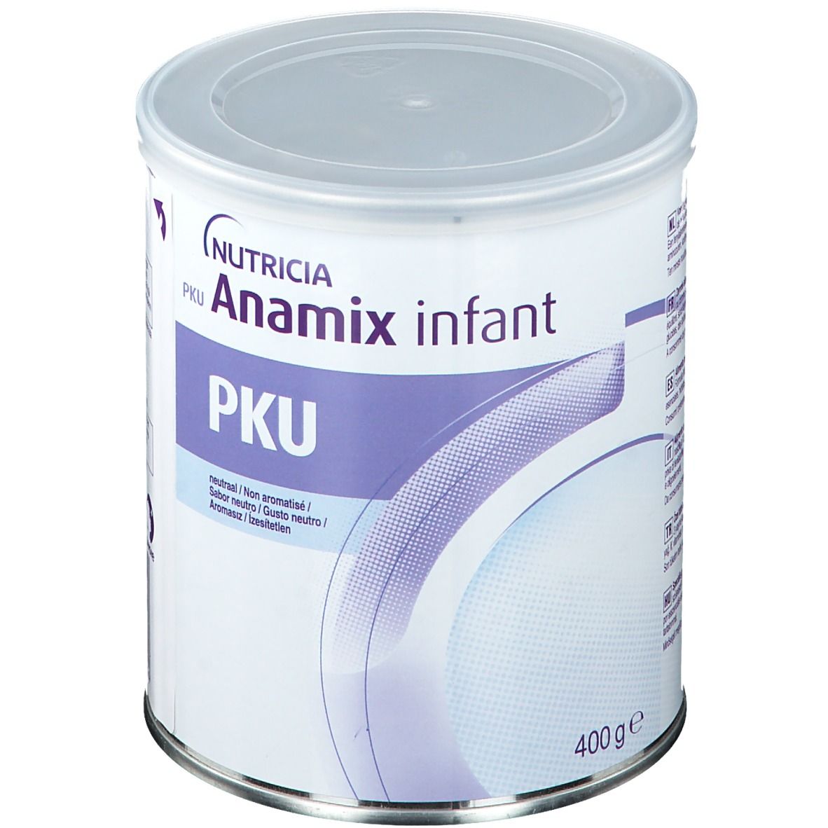 Blik Milupa PKU Anamix infant. Wit, met deksel. Opschrift: Nutricia, PKU, Anamix infant, 400g.