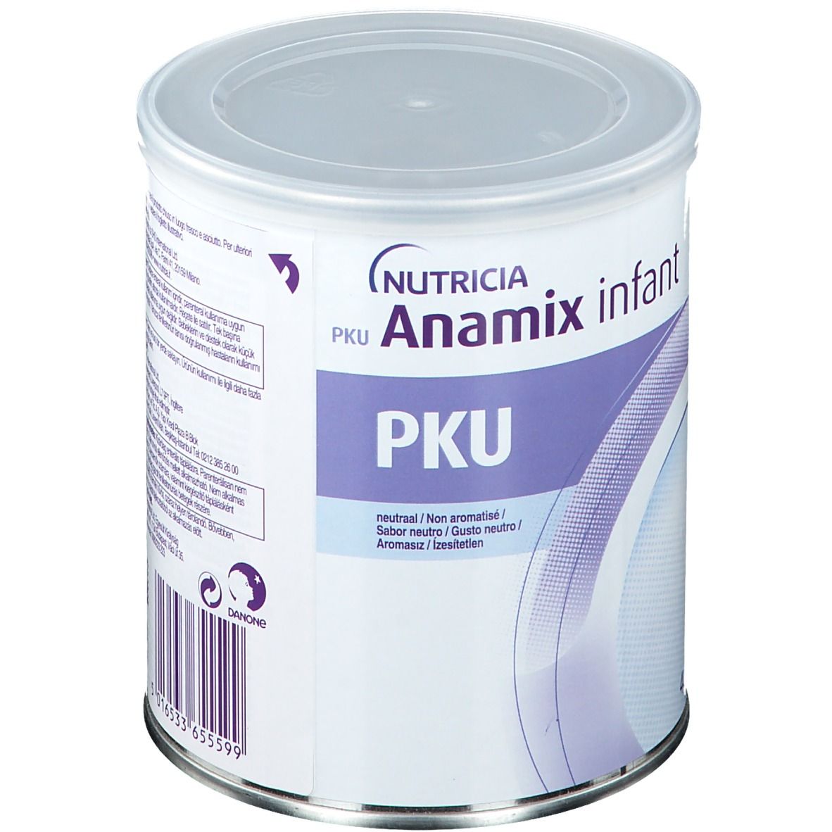 Blik Milupa PKU Anamix infant. Wit, met deksel. Opschrift: Nutricia, PKU, Anamix infant, 400g.