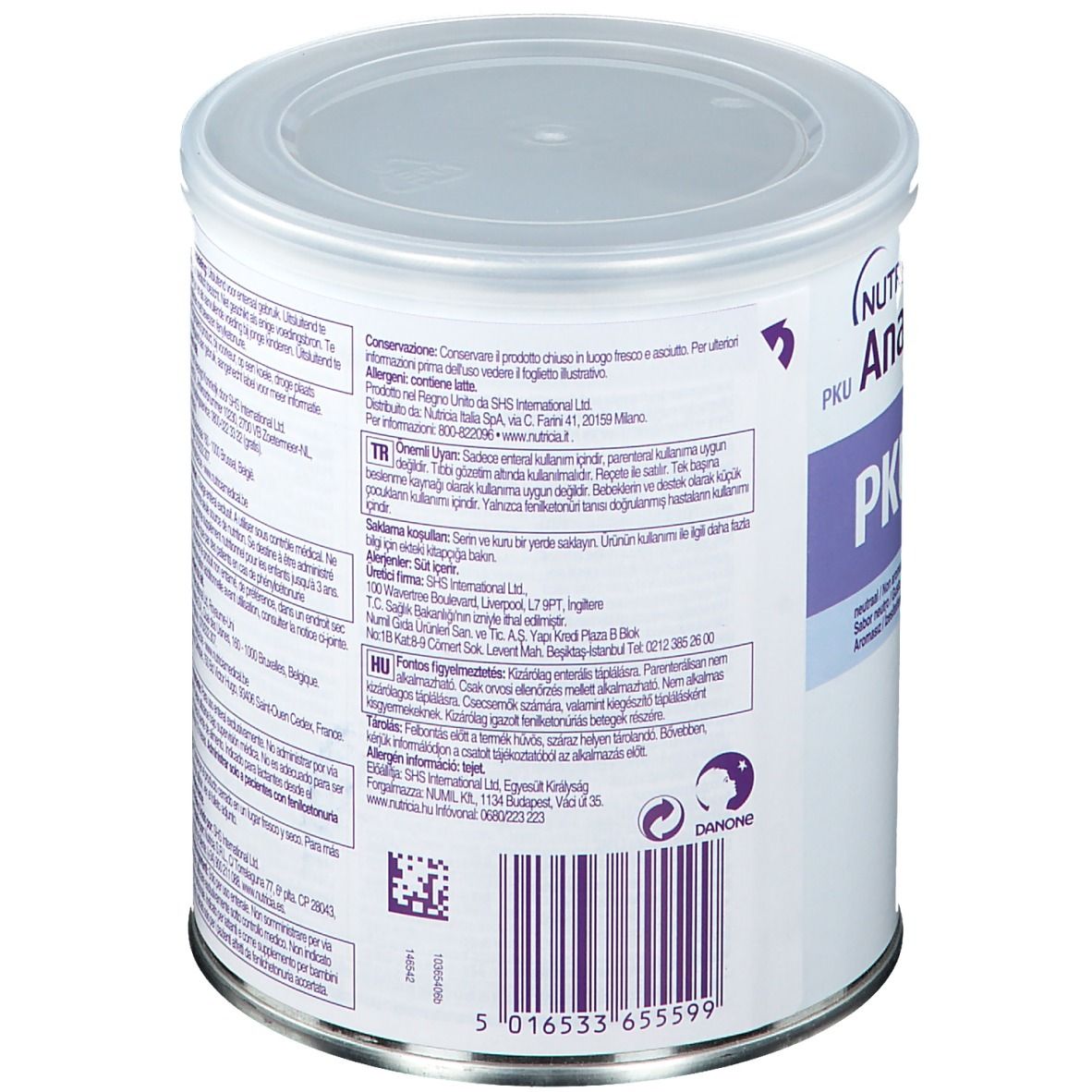Blik Milupa PKU Anamix infant. Achterkant met tekst. Met deksel. Danone-logo.