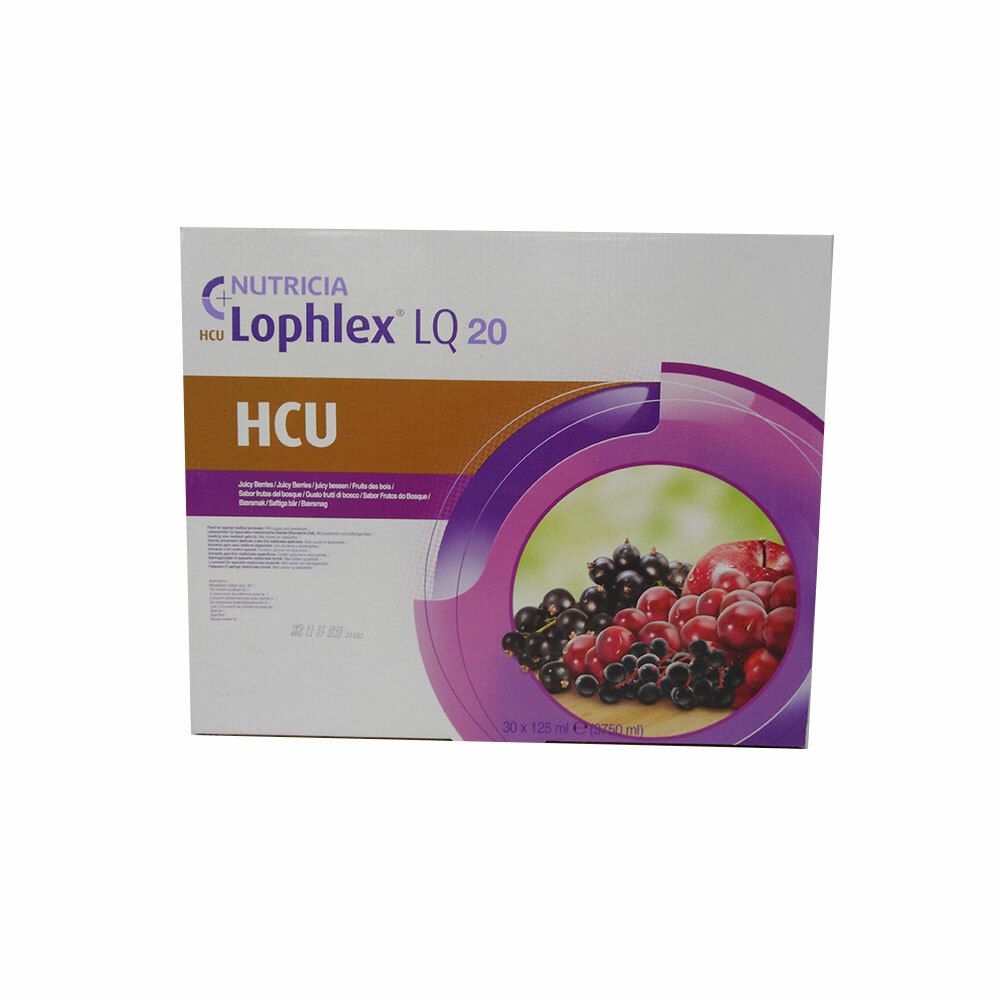 Verpakking van Nutricia HCU Lophlex LQ 20. Opschrift: HCU, Lophlex LQ 20, Nutricia. Illustratie van bessen in een cirkel.