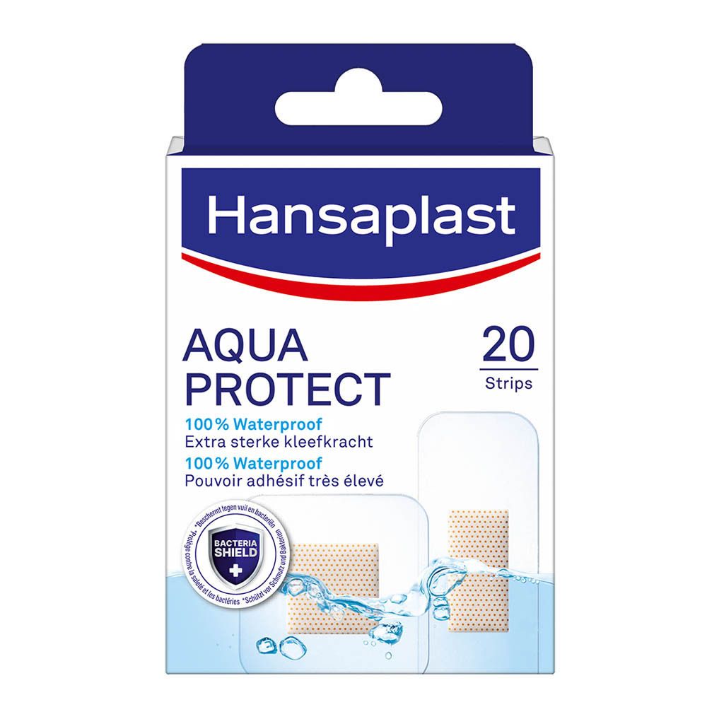 Boîte de pansements Hansaplast AQUA PROTECT. 20 bandes. 100% étanche. Pouvoir adhésif élevé.