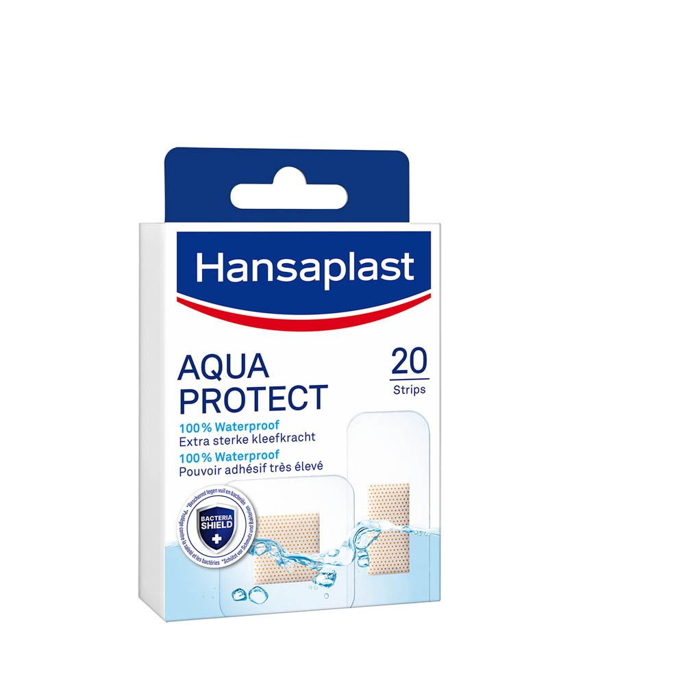 Boîte de pansements Hansaplast AQUA PROTECT. 20 bandes. 100% étanche. Pouvoir adhésif élevé.