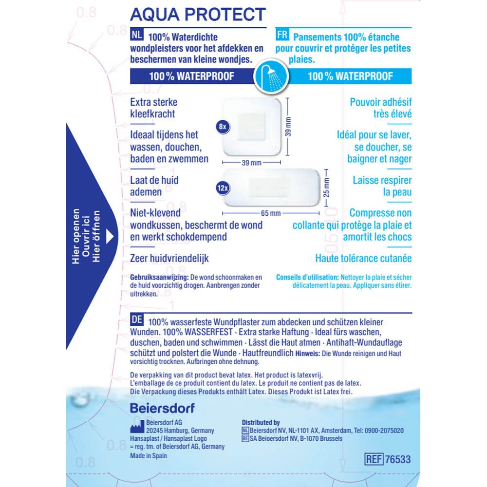 Dos de la boîte Hansaplast AQUA PROTECT. Informations produit en allemand, néerlandais et français.
