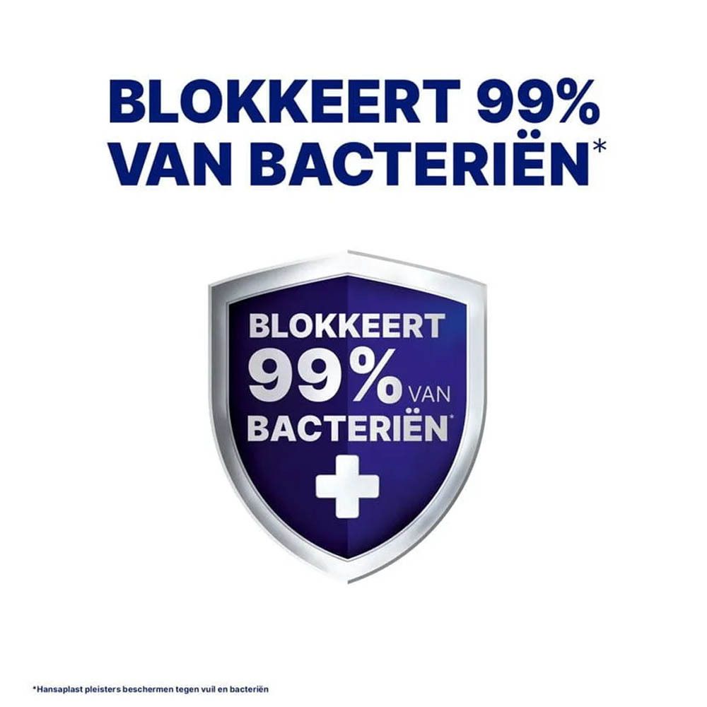 Blauw schild met tekst: Blokkeert 99% van de bacteriën. Plus-symbool.