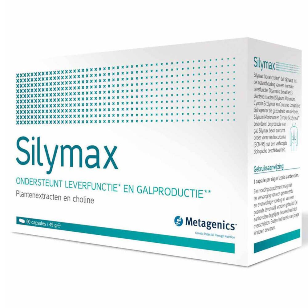 Witte doos met "Silymax" logo. Tekst: "Ondersteunt leverfunctie en galproductie". Bevat 60 capsules. Merk: Metagenics.
