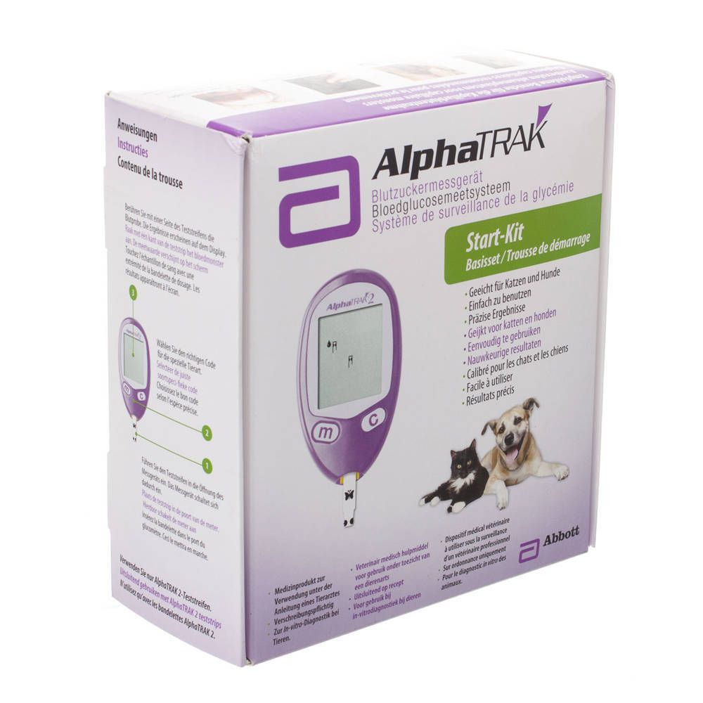 Kit de démarrage pour lecteur de glycémie. Boîte avec appareil, écran, texte et images de chien et chat. Logo Abbott.