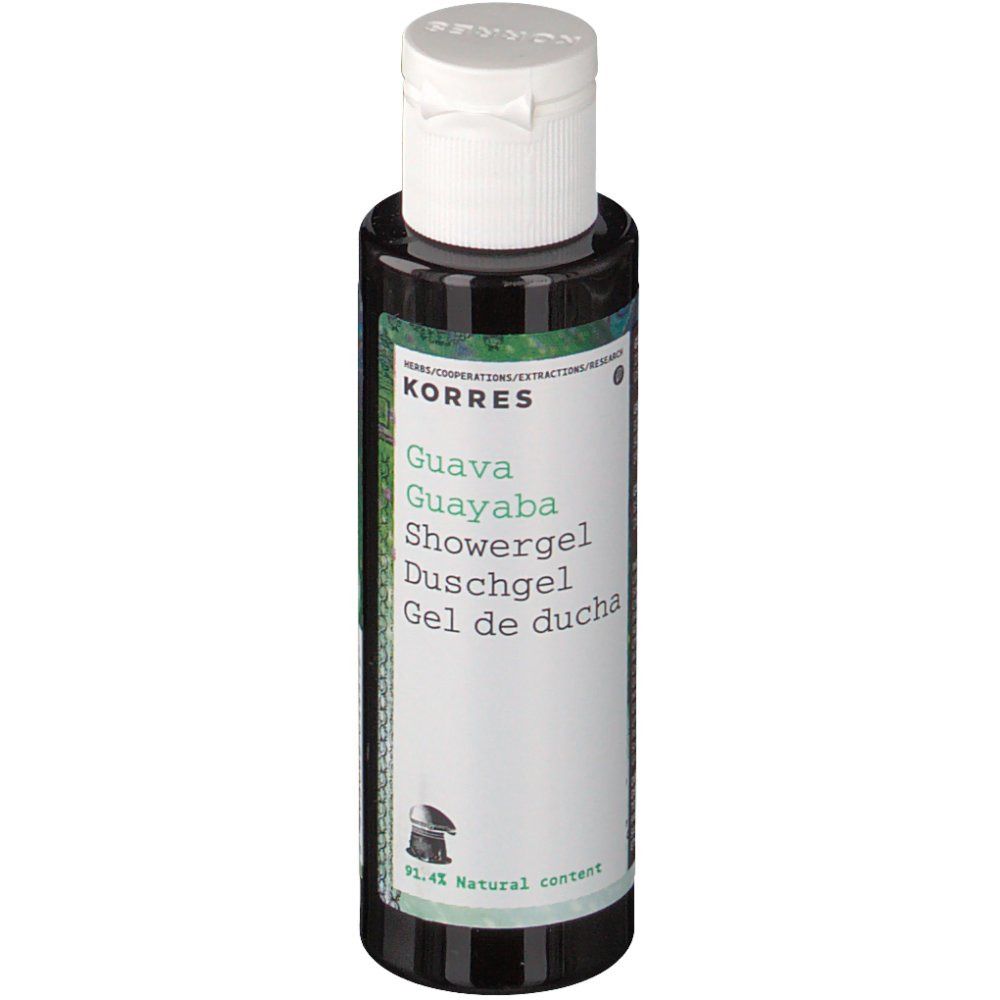 KORRES® Guave Duschgel. Flacon noir, bouchon blanc. Nom du produit et marque sur l'étiquette.