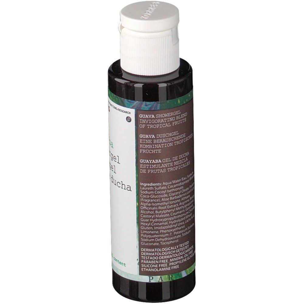 KORRES® Guave Duschgel. Vue arrière du flacon. Texte avec ingrédients et informations sur le produit.
