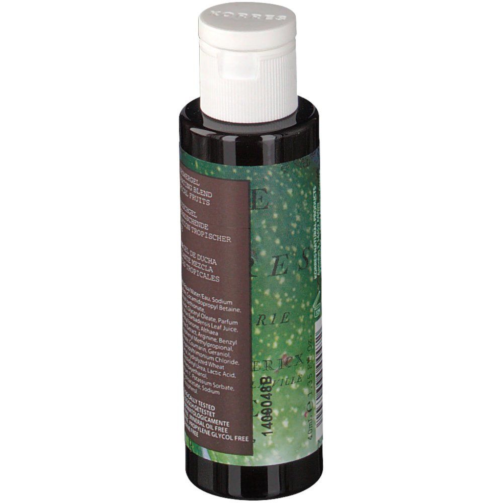 KORRES® Guave Duschgel. Flacon avec étiquette verte. Informations sur le produit et ingrédients.