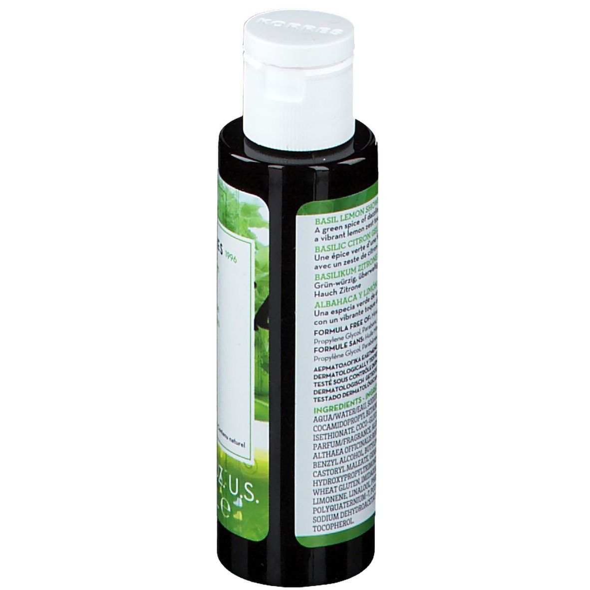 Gel douche KORRES Basilic-Citron. Vue arrière du flacon. Texte avec ingrédients et informations produit.