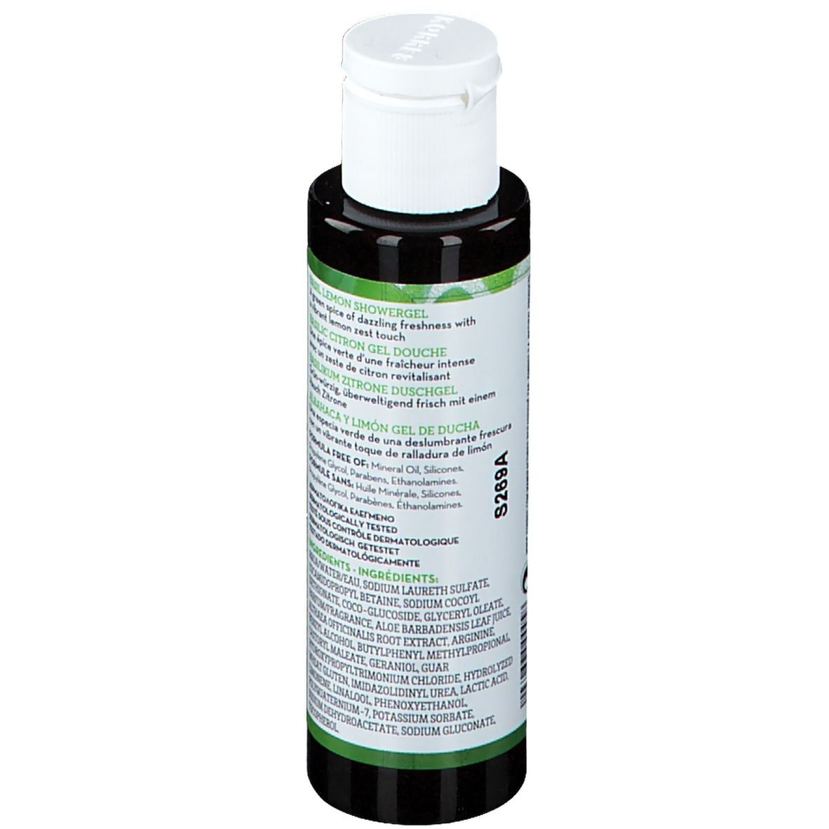 Gel douche KORRES Basilic-Citron. Vue arrière du flacon. Ingrédients et informations produit.