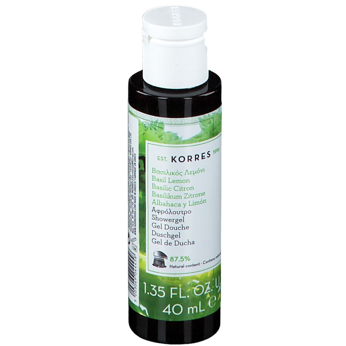 Gel douche KORRES Basilic-Citron. Flacon noir, bouchon blanc. Informations produit sur l'étiquette.