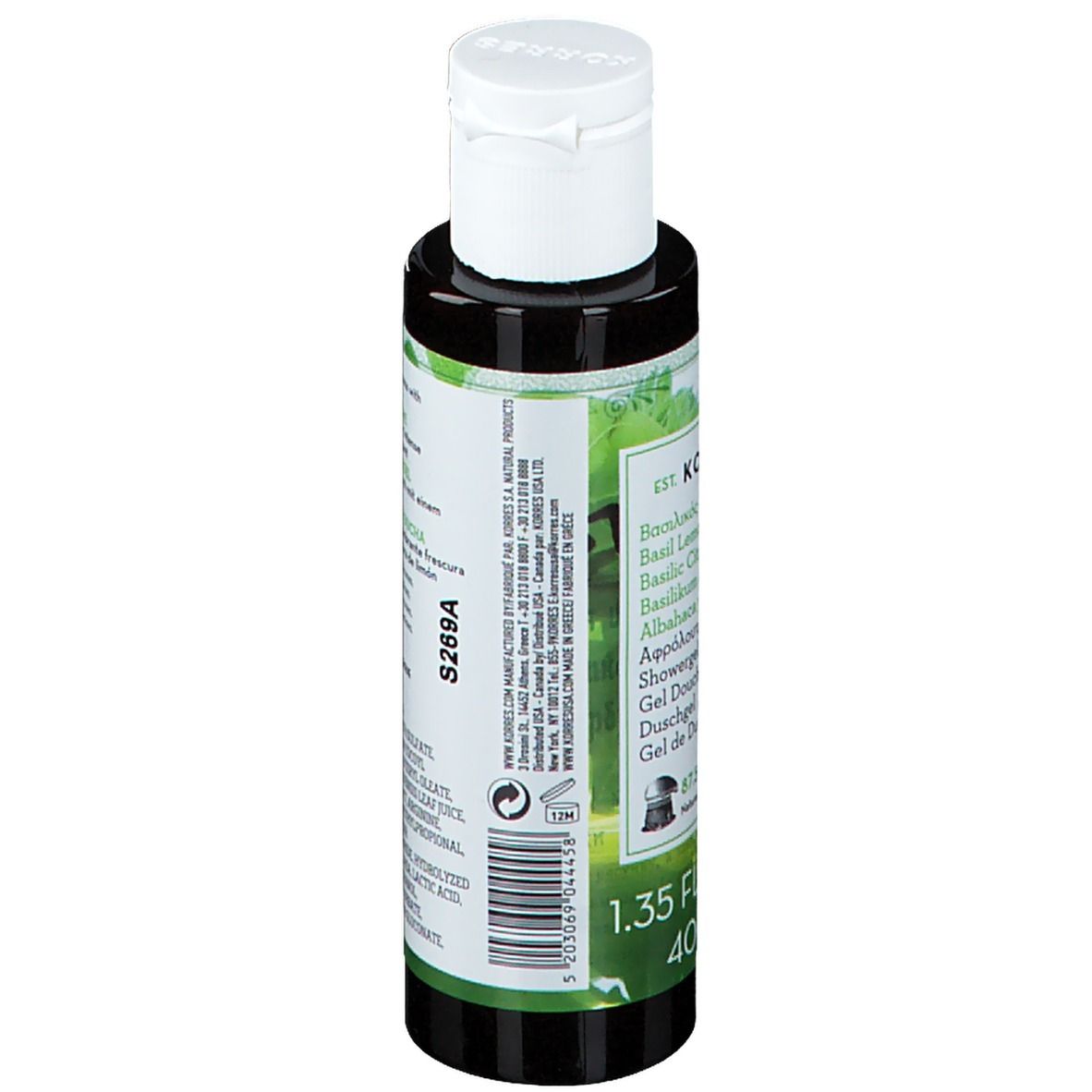 Gel douche KORRES Basilic-Citron. Vue arrière du flacon. Code-barres, texte et informations produit.