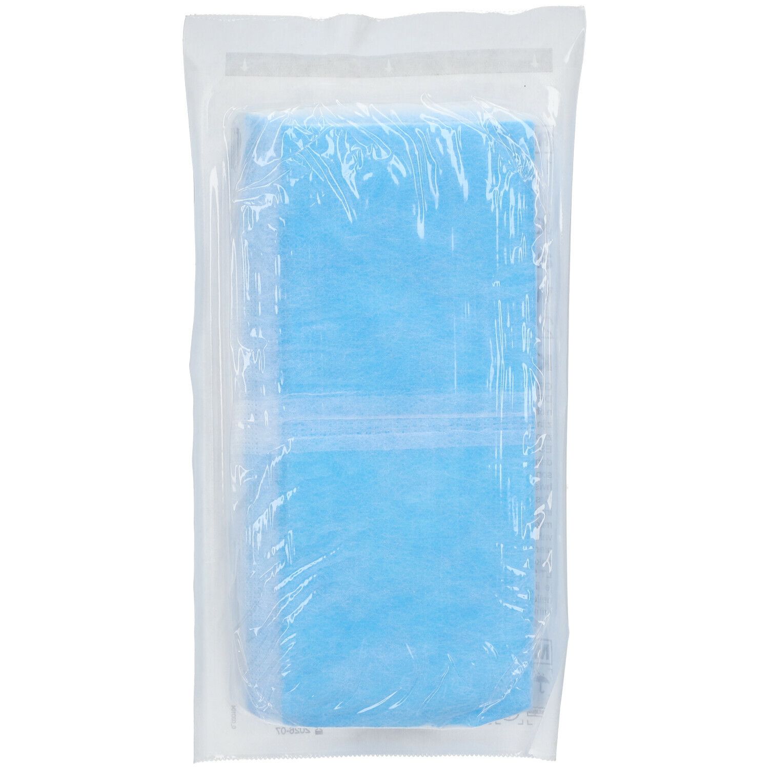 Blauw verband in transparante verpakking. Zichtbare grootte.