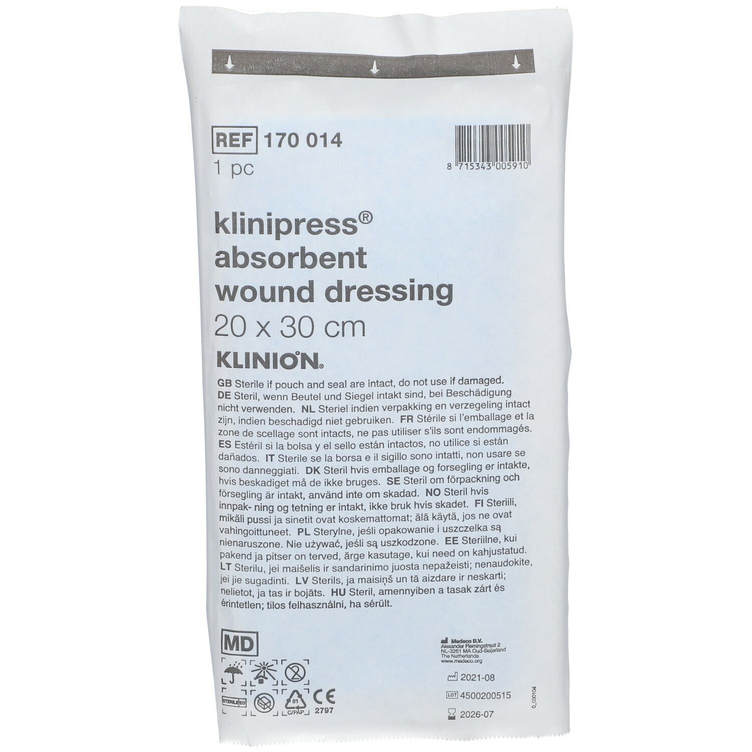 Verpakking met tekst: klini press absorberend wondverband 20 x 30 cm. 1 stuk.