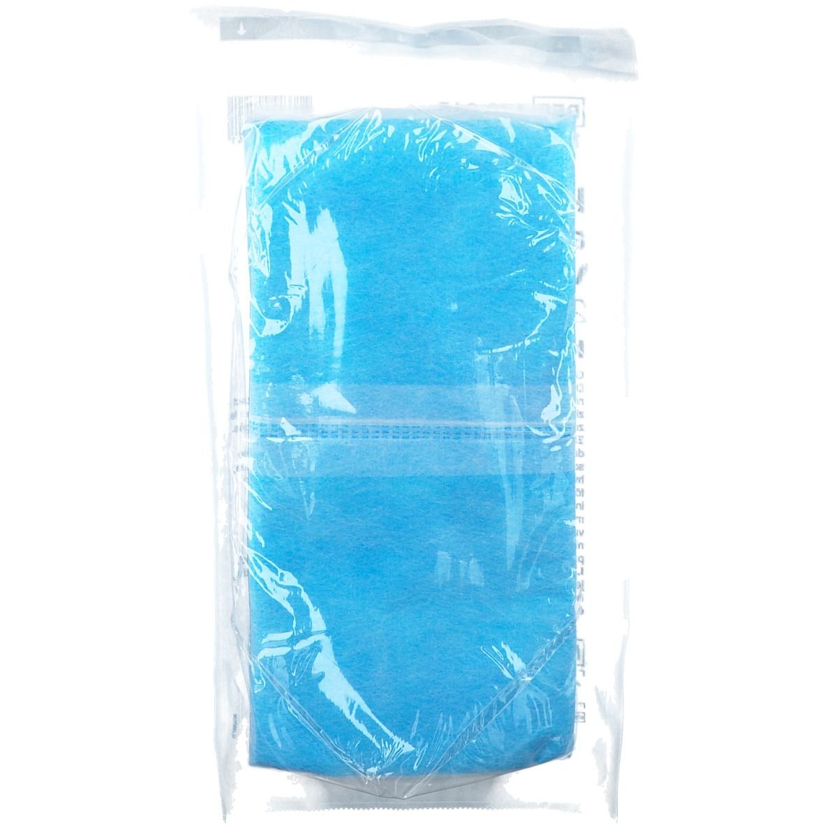 Pansement absorbant bleu dans un emballage transparent. Couture visible.