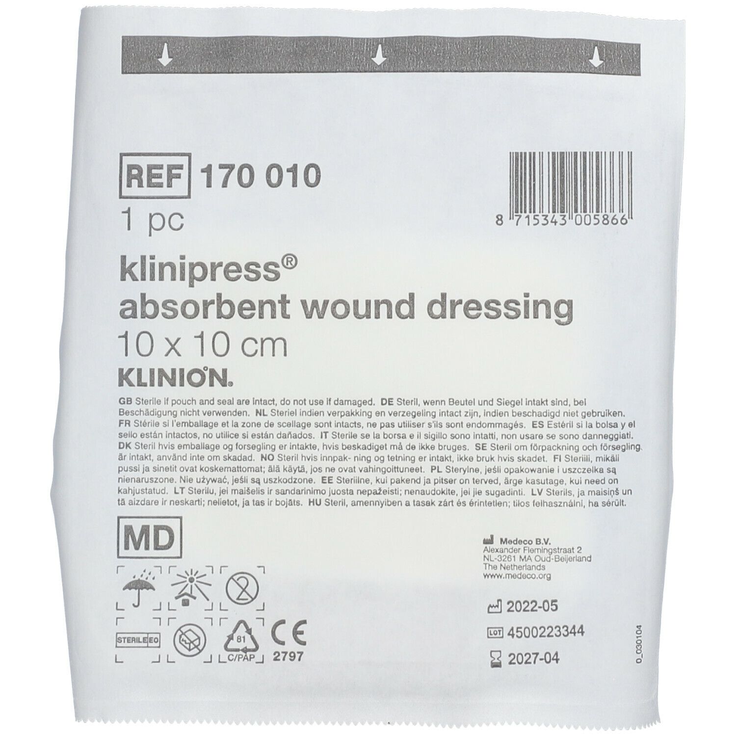 Emballage avec informations produit. Inscription : klinipress absorbant wound dressing 10 x 10 cm. Marquage CE.