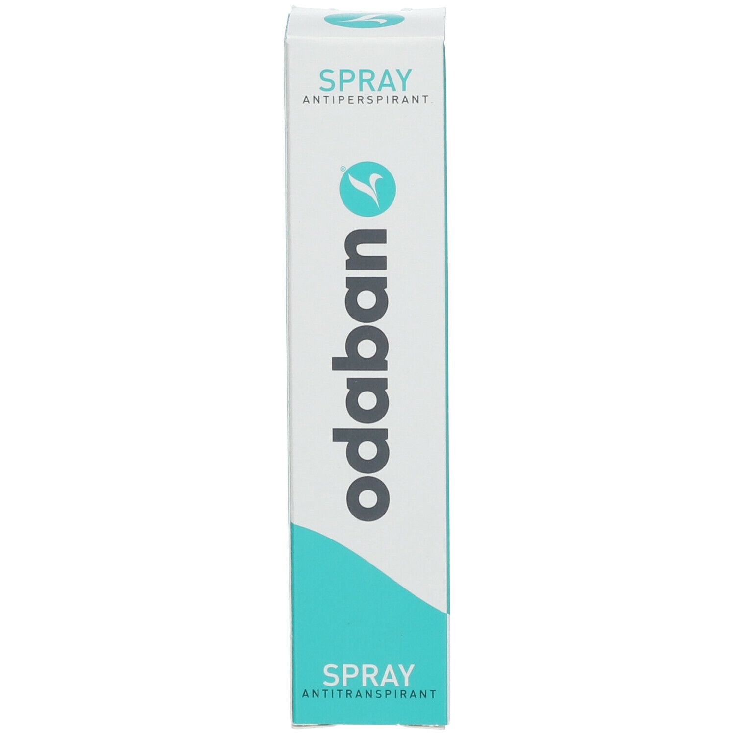 Verpackung für Spray. Aufschrift: odaban, Spray, Antitranspirant. Weiß mit grünen Akzenten.