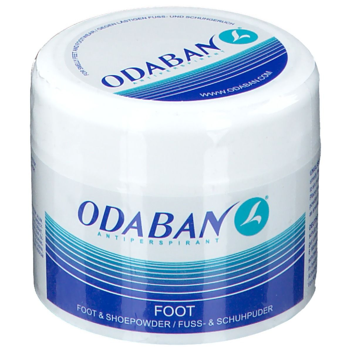 Weißer Tiegel mit blauem Deckel. Aufschrift ODABAN, Fuß- und Schuhpuder. Logo mit blauem 'L'.