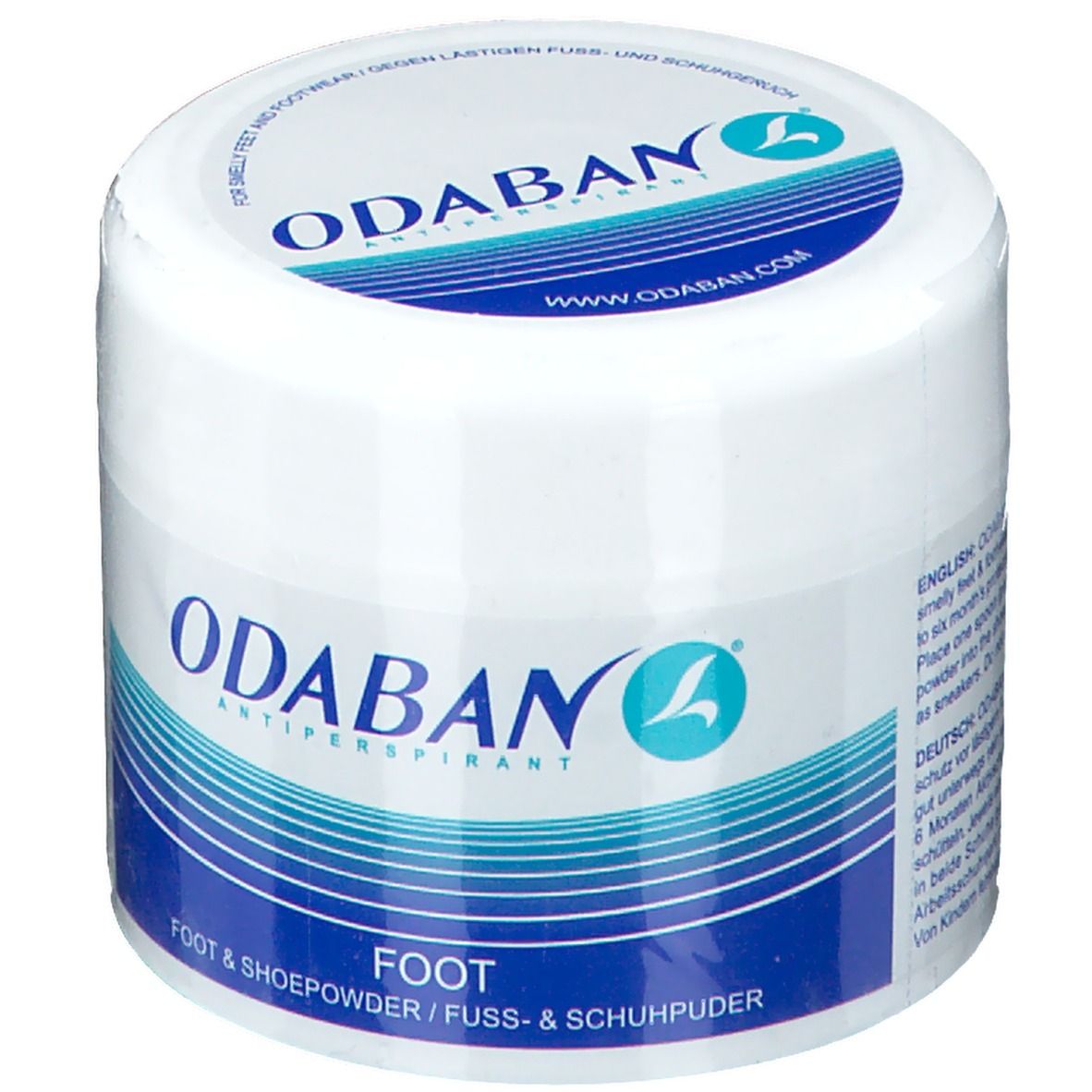 Weißer Tiegel mit blauem Deckel. Aufschrift ODABAN, Fuß- und Schuhpuder. Logo mit blauem 'L'.