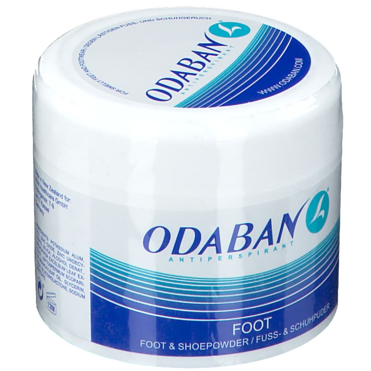 Weißer Tiegel mit blauem Deckel. Aufschrift ODABAN, Fuß- und Schuhpuder. Logo mit blauem 'L'.