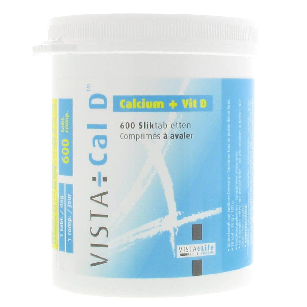 Récipient blanc avec étiquette bleue. Inscription : Vista-Cal D, Calcium + Vit D, 600 comprimés.