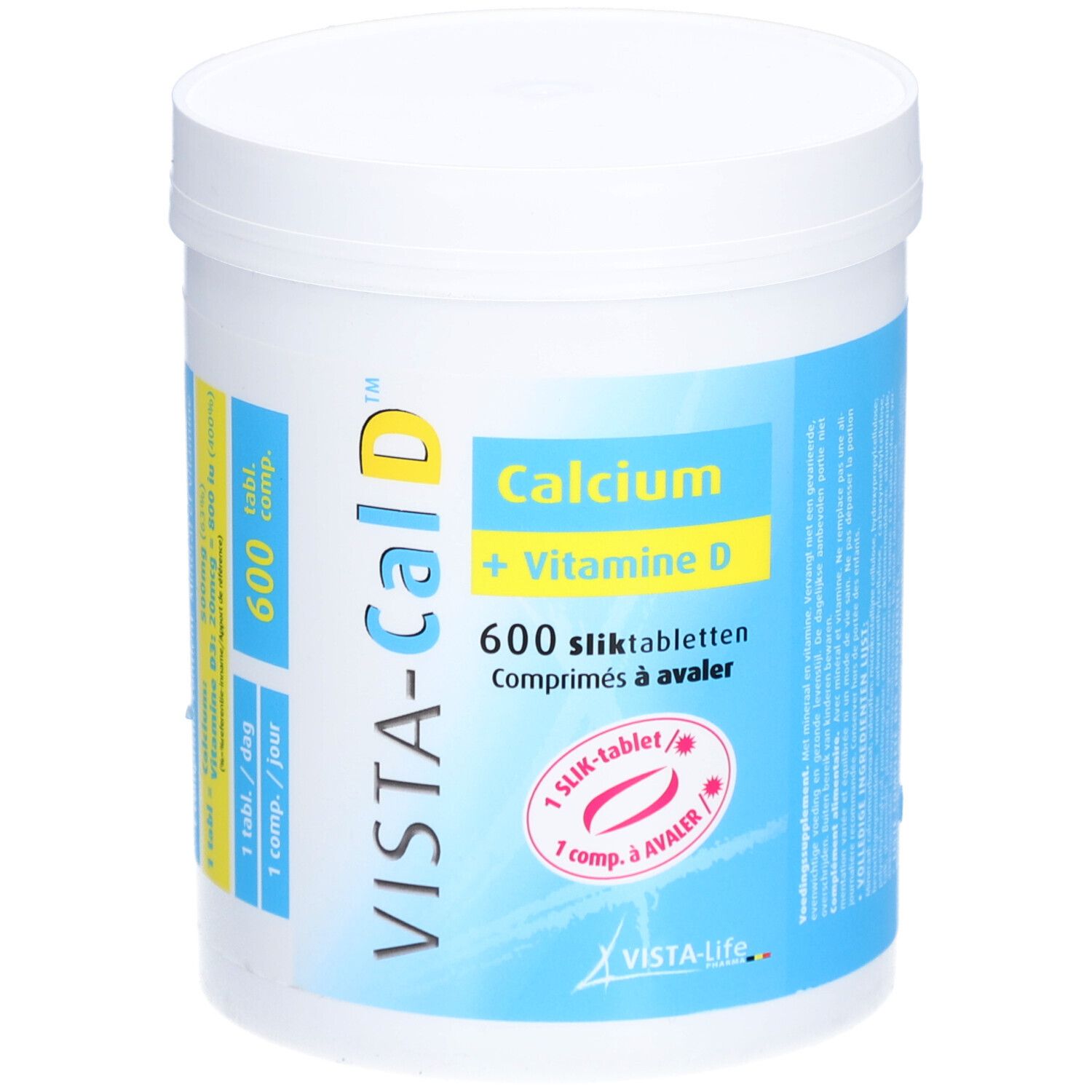 Weißer Behälter mit blauem Etikett. Aufschrift: Vista-Cal D, Calcium + Vitamin D, 600 Tabletten.