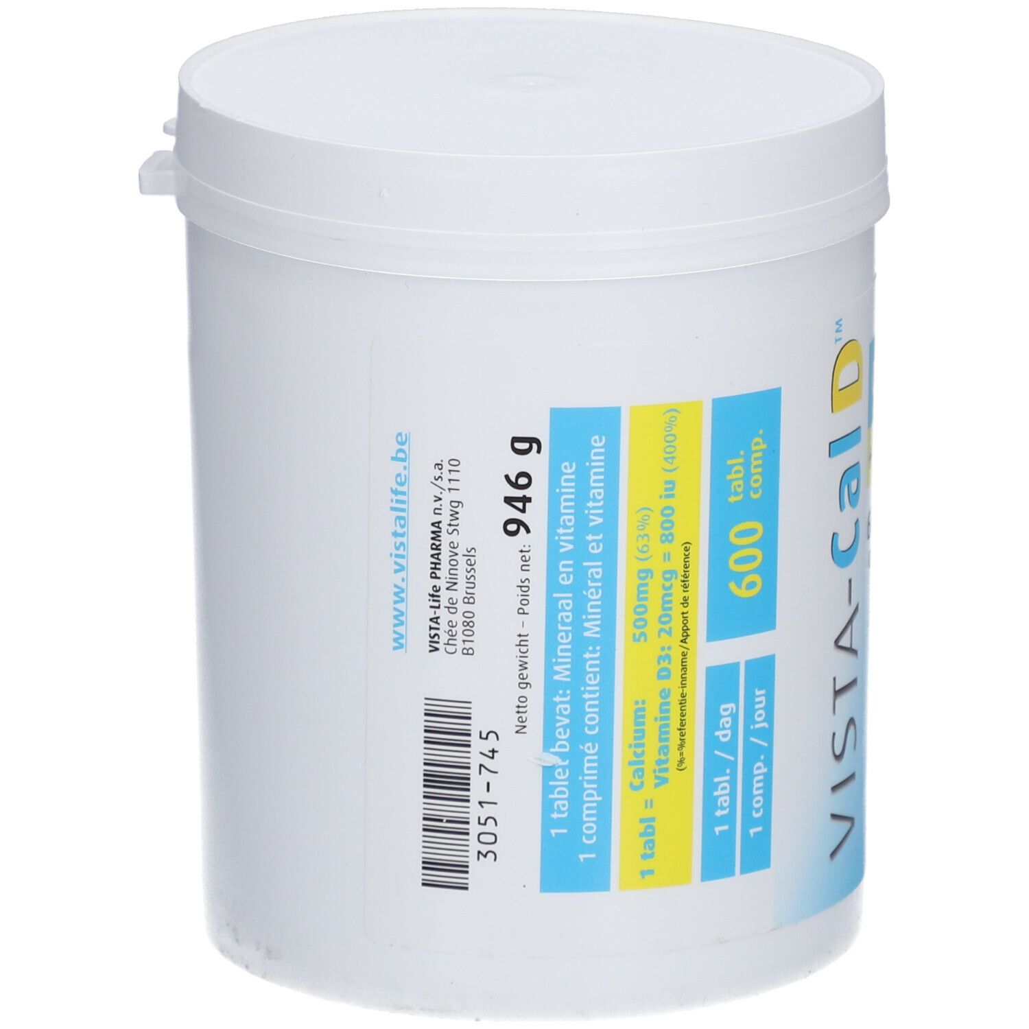 Weißer Behälter mit blauem Etikett. Aufschrift: Vista-Cal D, 600 Tabletten. Enthält Mineralien und Vitamine.