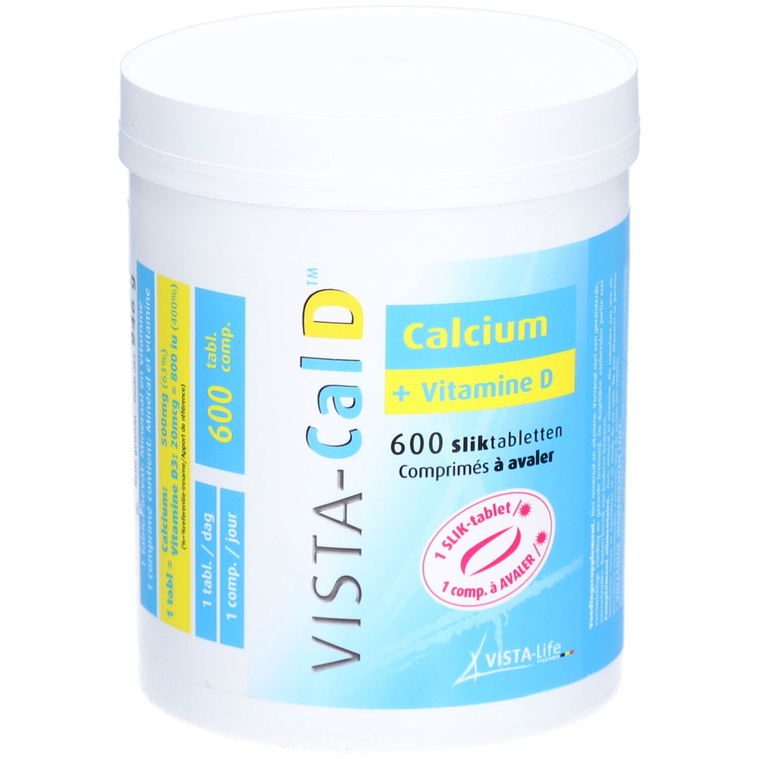 Weißer Behälter mit blauem Etikett. Aufschrift: Vista-Cal D, Calcium + Vitamin D, 600 Tabletten.