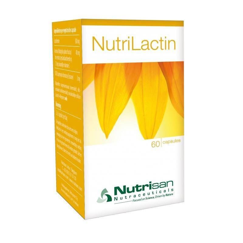 Boîte "NutriLactin" avec 60 capsules. Logo Nutrisan. Fond jaune avec pétales de tournesol. Ingrédients et informations.