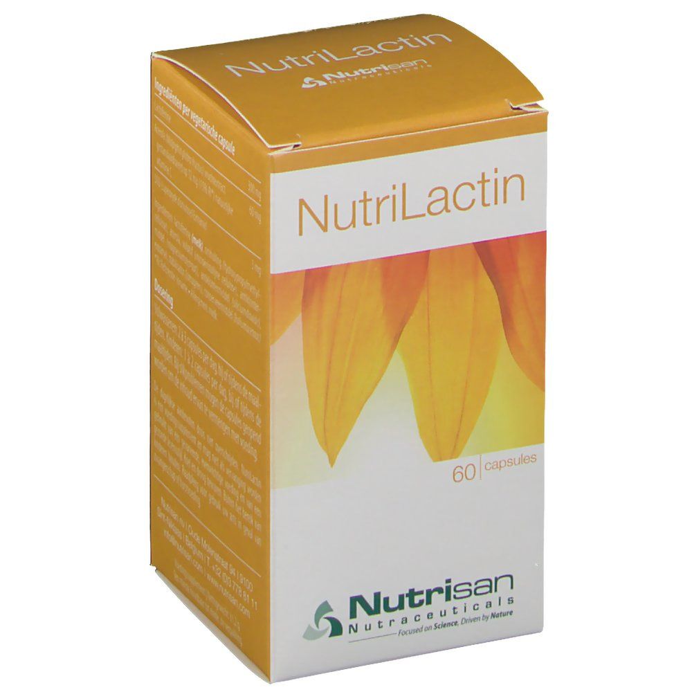 Boîte "NutriLactin" avec 60 capsules. Logo Nutrisan. Fond jaune avec pétales de tournesol.