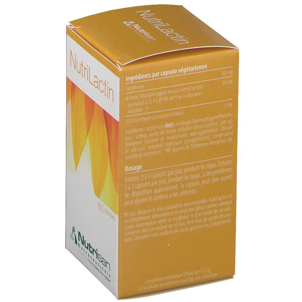 Boîte "NutriLactin" avec ingrédients et dosage. 60 capsules. Logo Nutrisan.