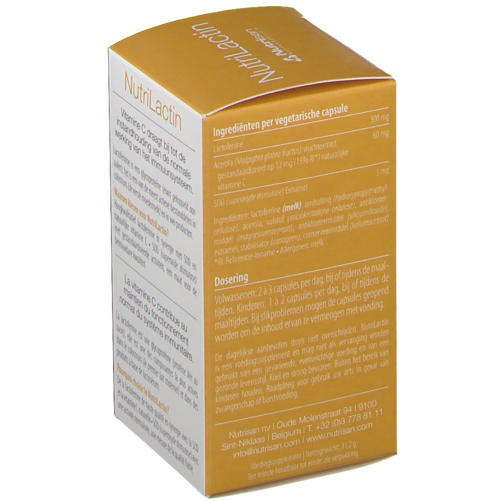 Boîte "NutriLactin" avec informations. 60 capsules. Logo Nutrisan.