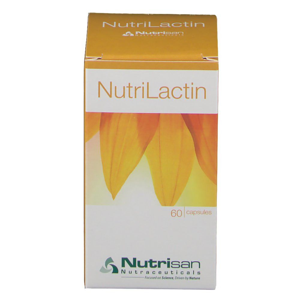 Boîte "NutriLactin" avec 60 capsules. Fond jaune avec pétales de tournesol. Logo Nutrisan.