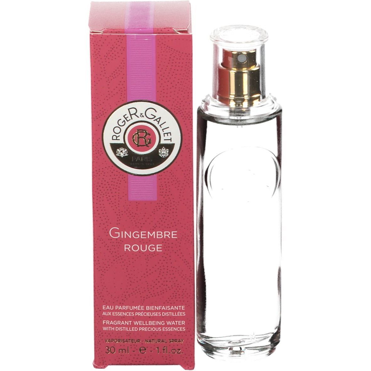 Glazen fles met verstuiver en rode verpakking. Opschrift: Roger & Gallet, Gingembre Rouge. 30 ml.