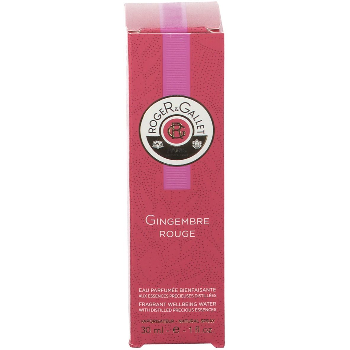 Rode rechthoekige verpakking. Opschrift: Roger & Gallet, Gingembre Rouge. Bevat informatie.