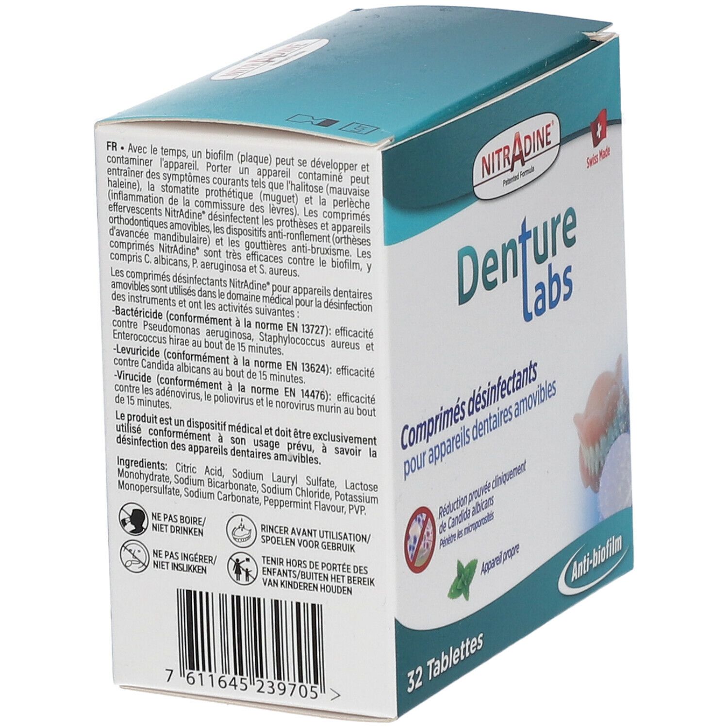Dos de la boîte de comprimés Nitradine Denture Labs. Texte multilingue. 32 comprimés. Produit suisse.