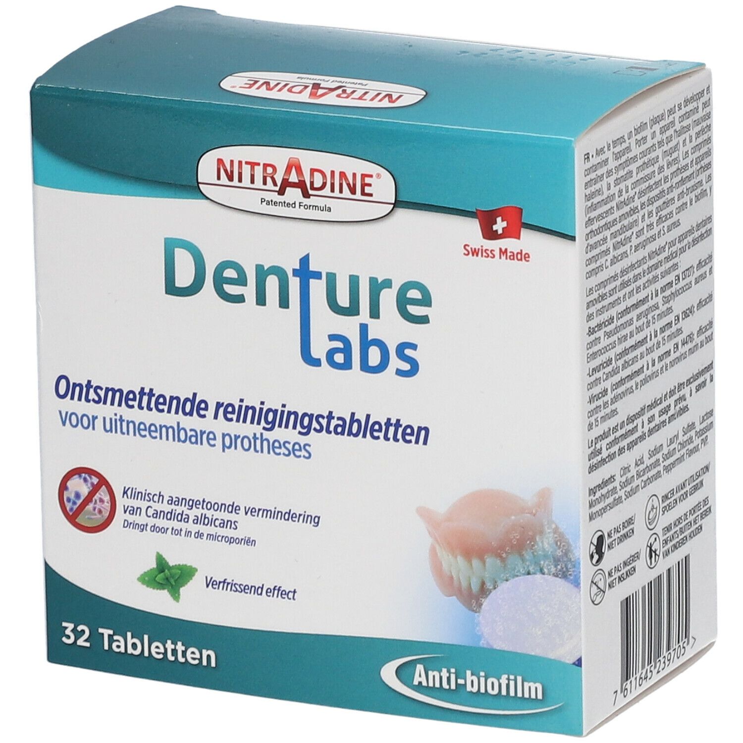 Boîte de comprimés Nitradine Denture Labs. 32 comprimés. Inscription néerlandaise. Produit suisse.