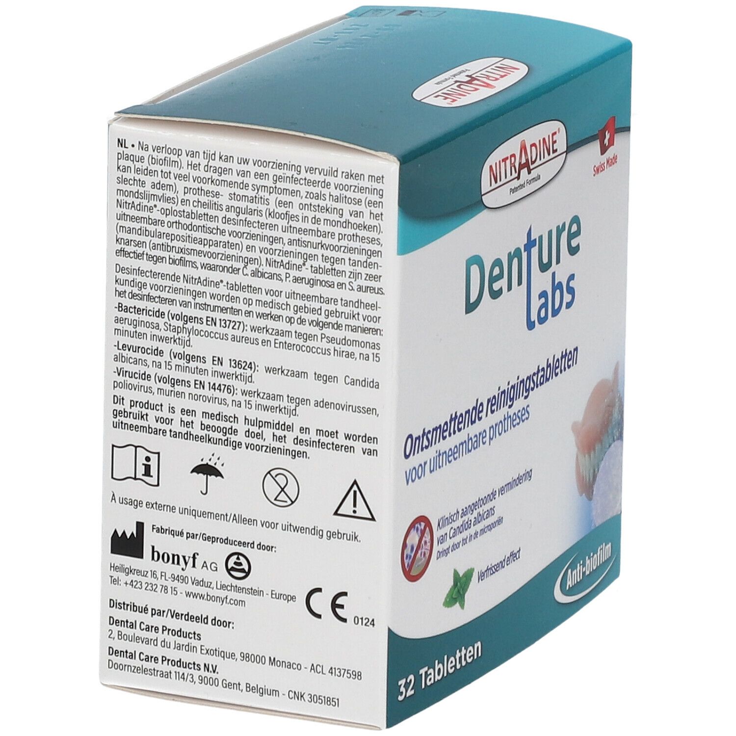 Dos de la boîte de comprimés Nitradine Denture Labs. Texte multilingue. 32 comprimés. Produit suisse.