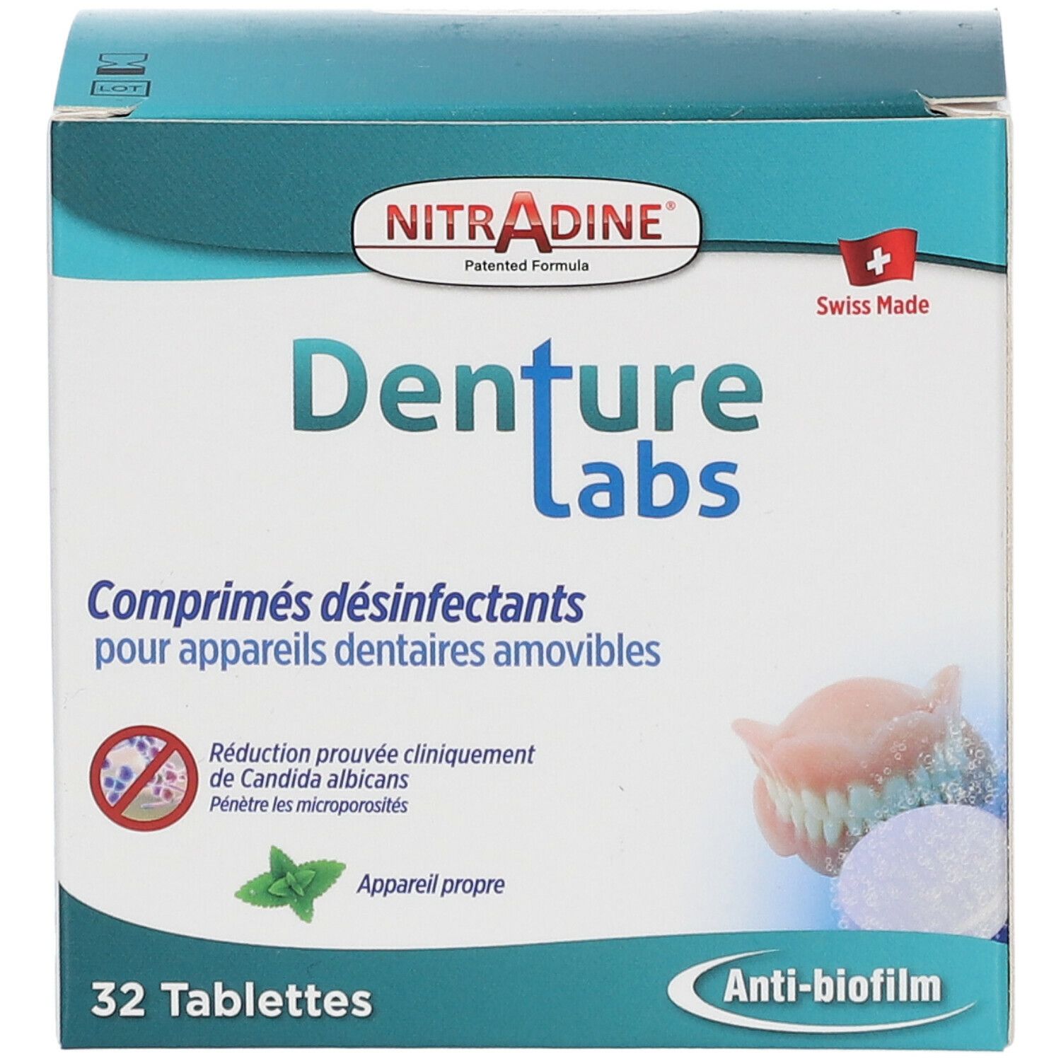 Boîte de comprimés Nitradine Denture Labs. 32 comprimés. Produit suisse. Anti-biofilm.