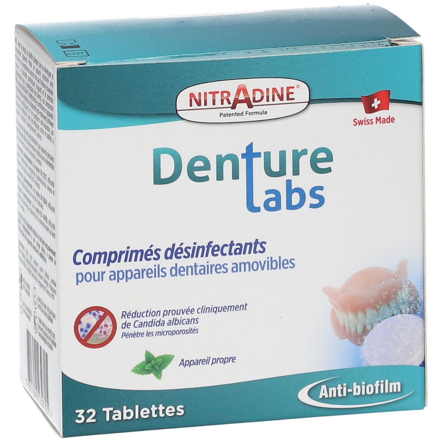 Boîte de comprimés Nitradine Denture Labs. 32 comprimés. Produit suisse. Anti-biofilm.